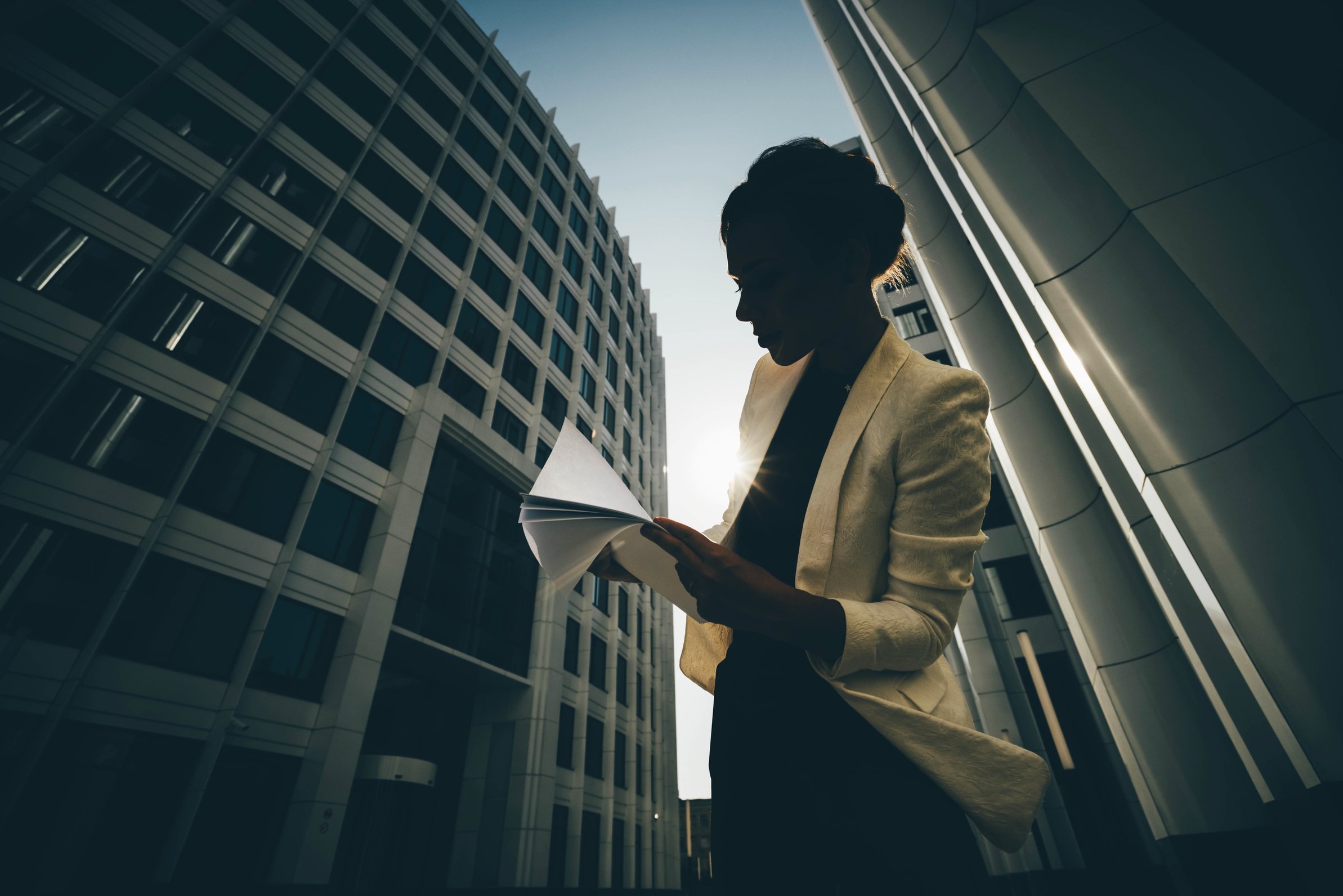 Silhouette of a Woman Holding Documents